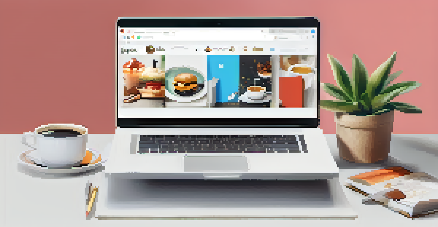 A laptop displaying a vibrant social media feed, with a coffee cup and notepad beside it.