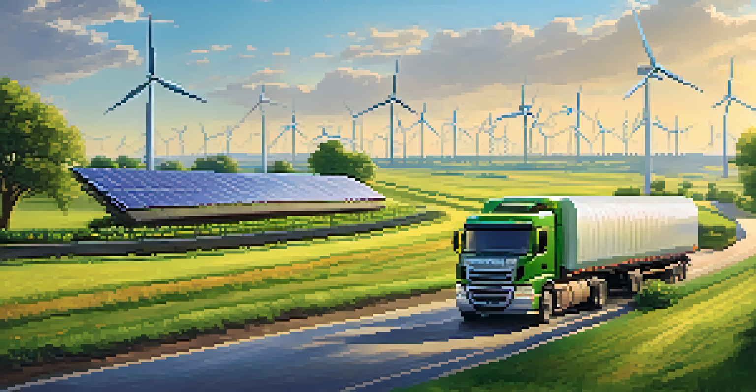 A peaceful landscape featuring solar panels, wind turbines, and green trucks, symbolizing sustainability in supply chains.