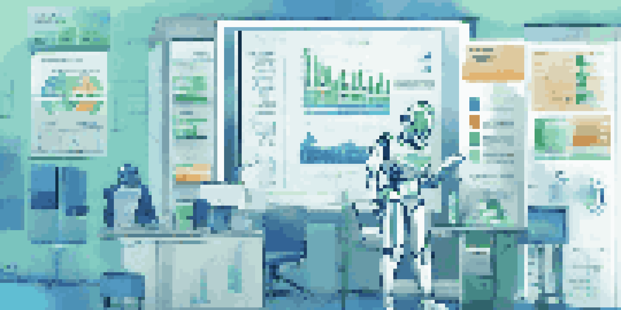 An infographic illustrating the role of AI in inventory management with graphs, a robot, and a checklist.
