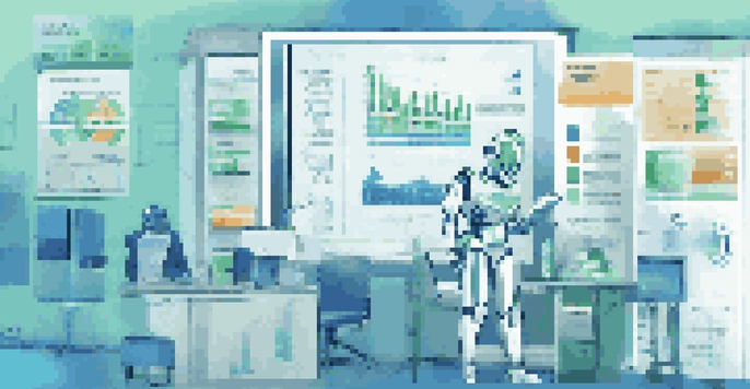 An infographic illustrating the role of AI in inventory management with graphs, a robot, and a checklist.