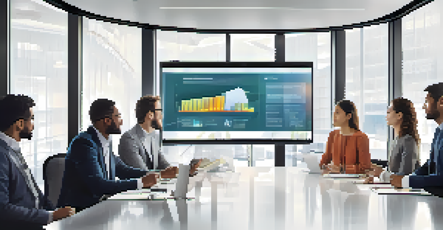 A diverse team in a conference room discussing data trends displayed on a large screen.