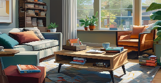 A modern living room with a coffee table displaying an open subscription box filled with coffee products, a comfortable sofa, and a bookshelf.