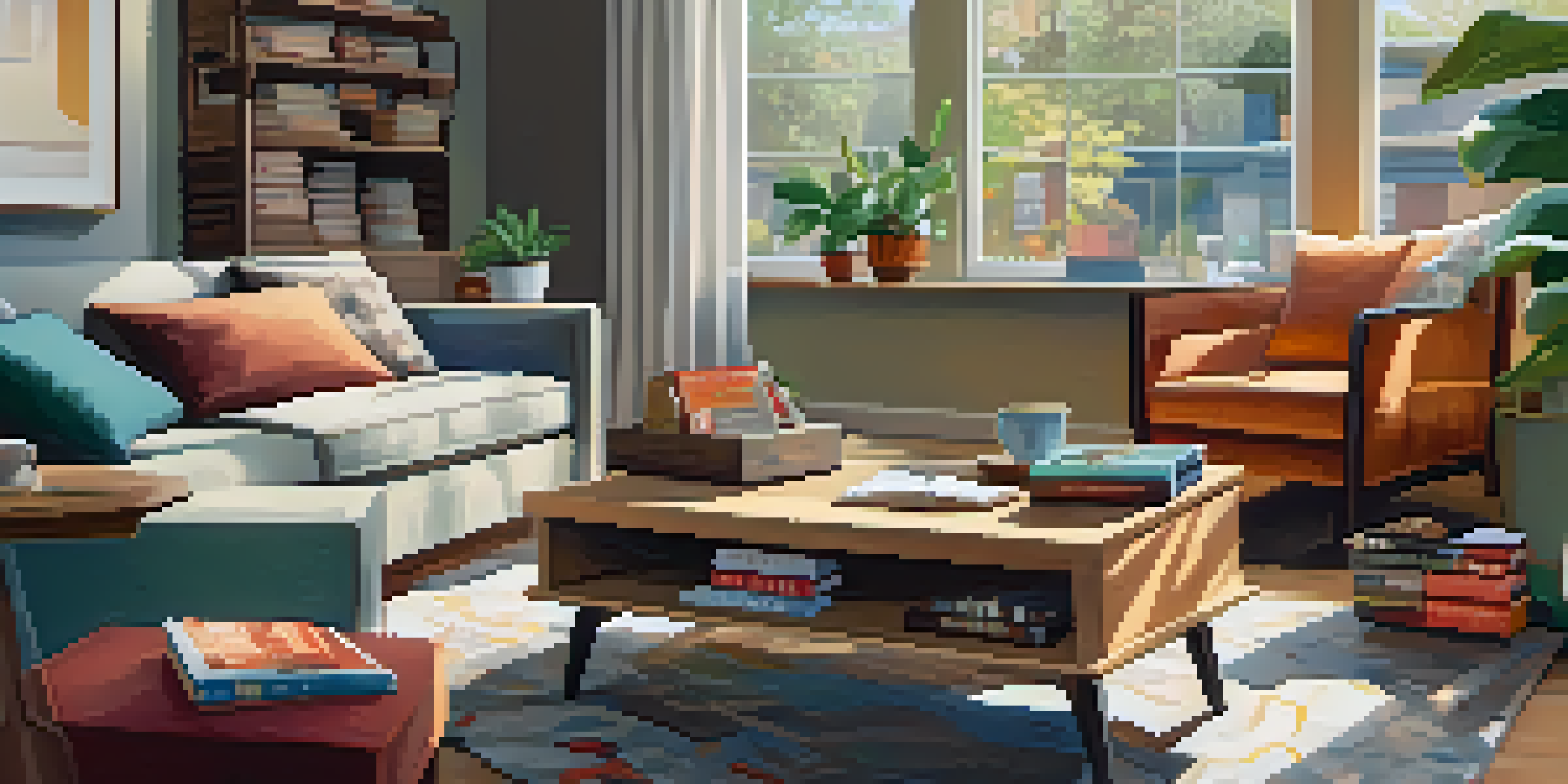 A modern living room with a coffee table displaying an open subscription box filled with coffee products, a comfortable sofa, and a bookshelf.
