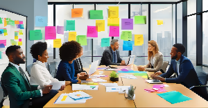 A group of diverse employees actively discussing change management strategies in a bright and modern office, with laptops and sticky notes on the table.