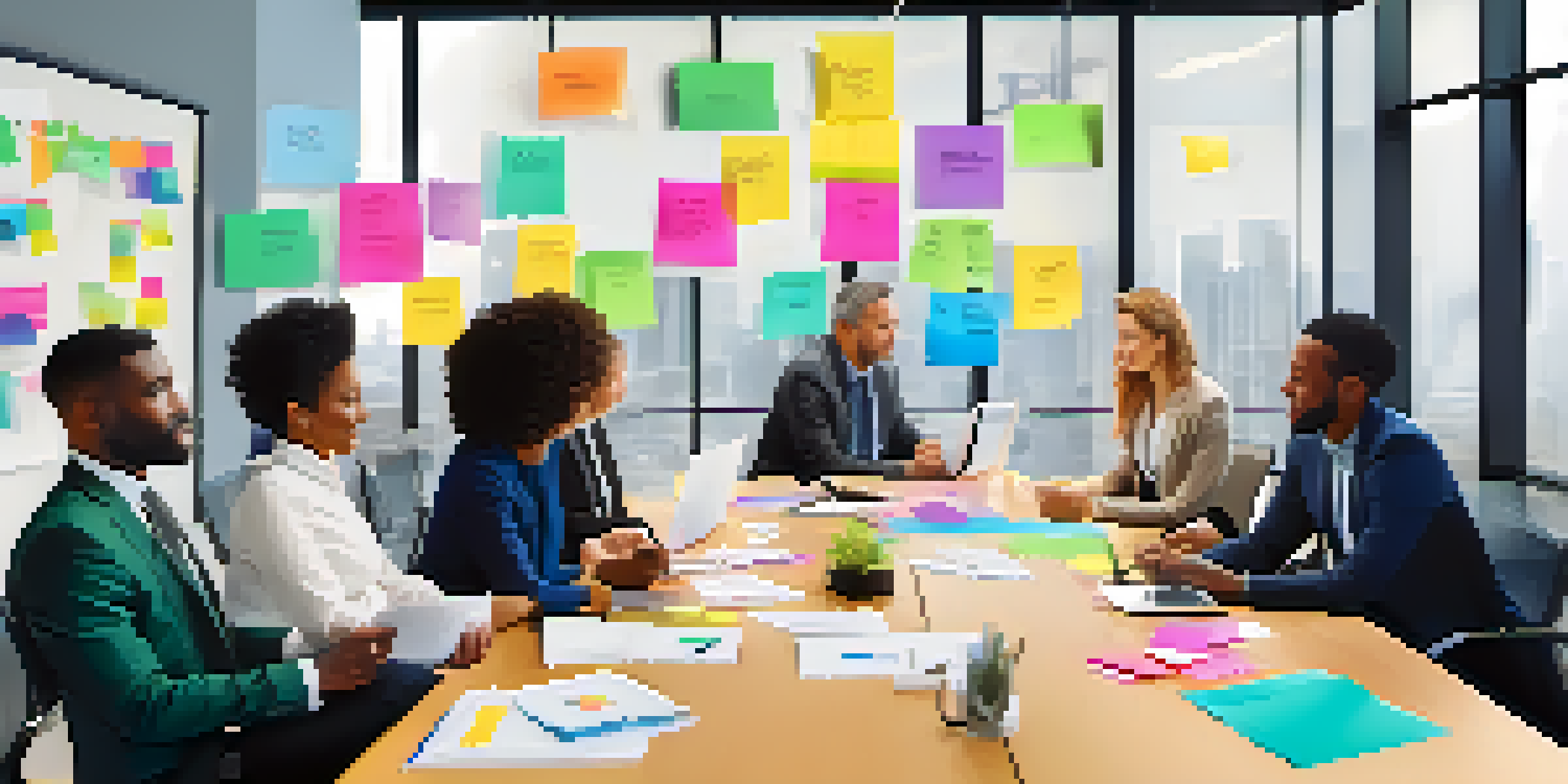 A group of diverse employees actively discussing change management strategies in a bright and modern office, with laptops and sticky notes on the table.