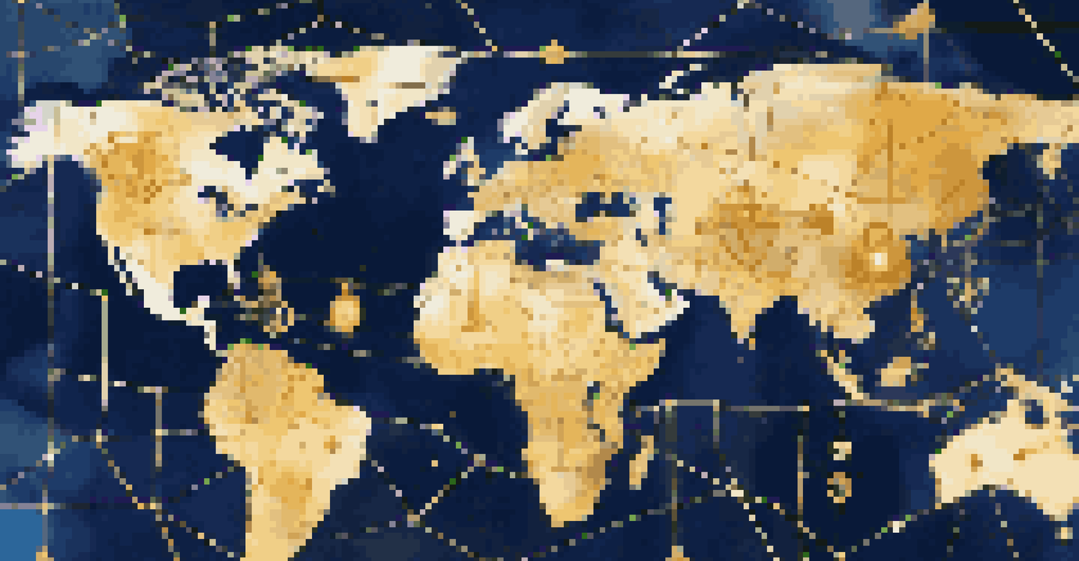 A world map illustrating international real estate transactions with glowing connections and various icons.