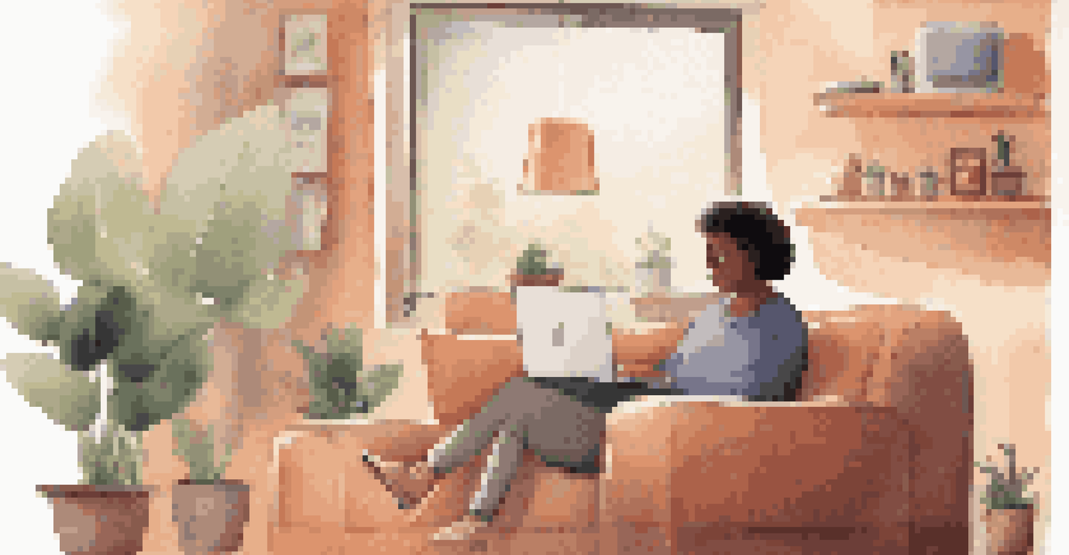 A cozy home scene with a customer using a laptop to chat with an AI-powered chatbot, featuring a warm atmosphere with soft lighting.