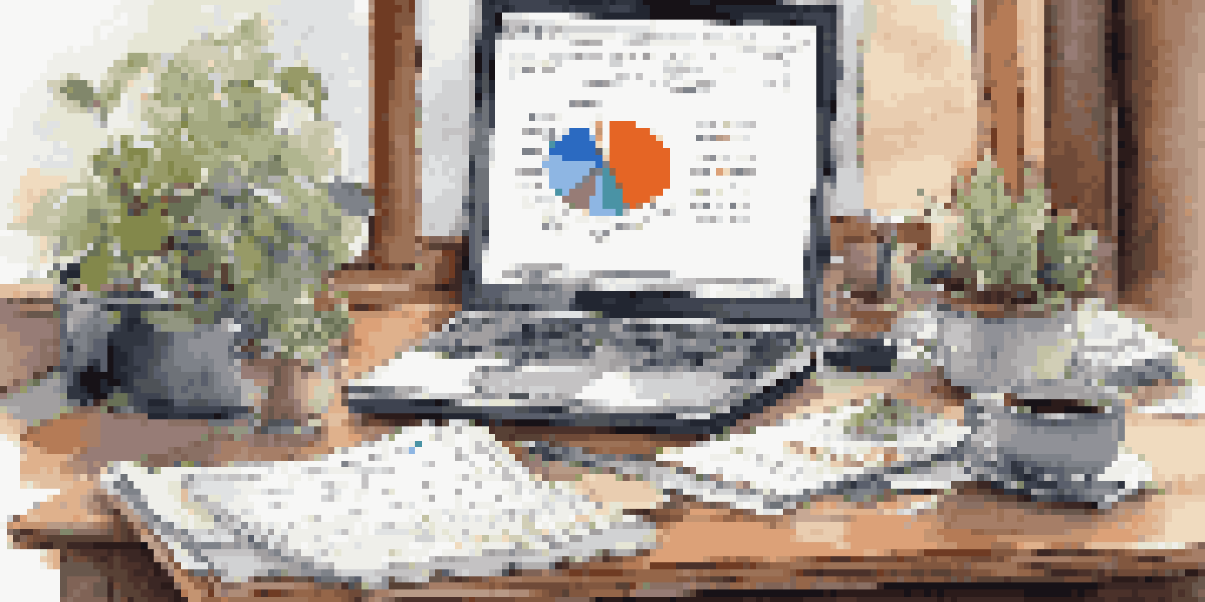 A financial analyst's desk with colorful graphs, a laptop, and a notepad, illuminated by natural light.