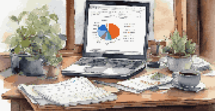 A financial analyst's desk with colorful graphs, a laptop, and a notepad, illuminated by natural light.