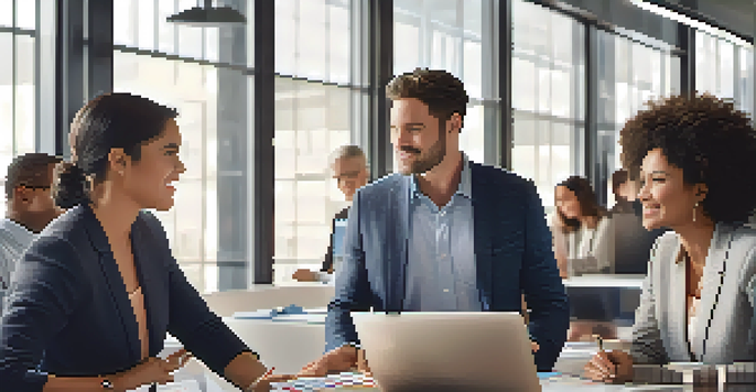 A diverse group of professionals engaged in a collaborative discussion in a bright office, with expressions of focus and enthusiasm.
