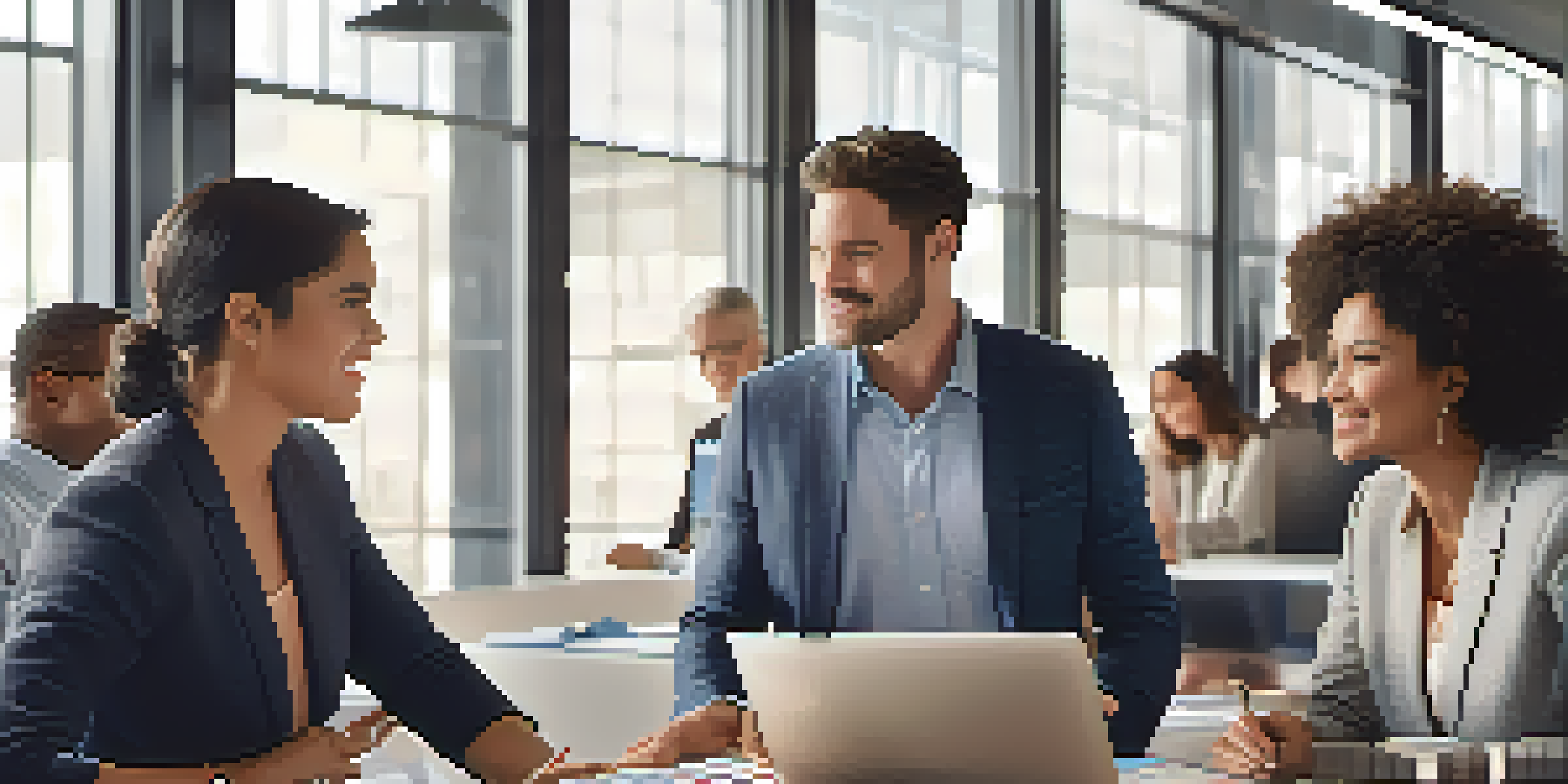A diverse group of professionals engaged in a collaborative discussion in a bright office, with expressions of focus and enthusiasm.