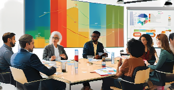 A diverse group of individuals in a conference room discussing ideas, with charts displayed on a screen behind them.