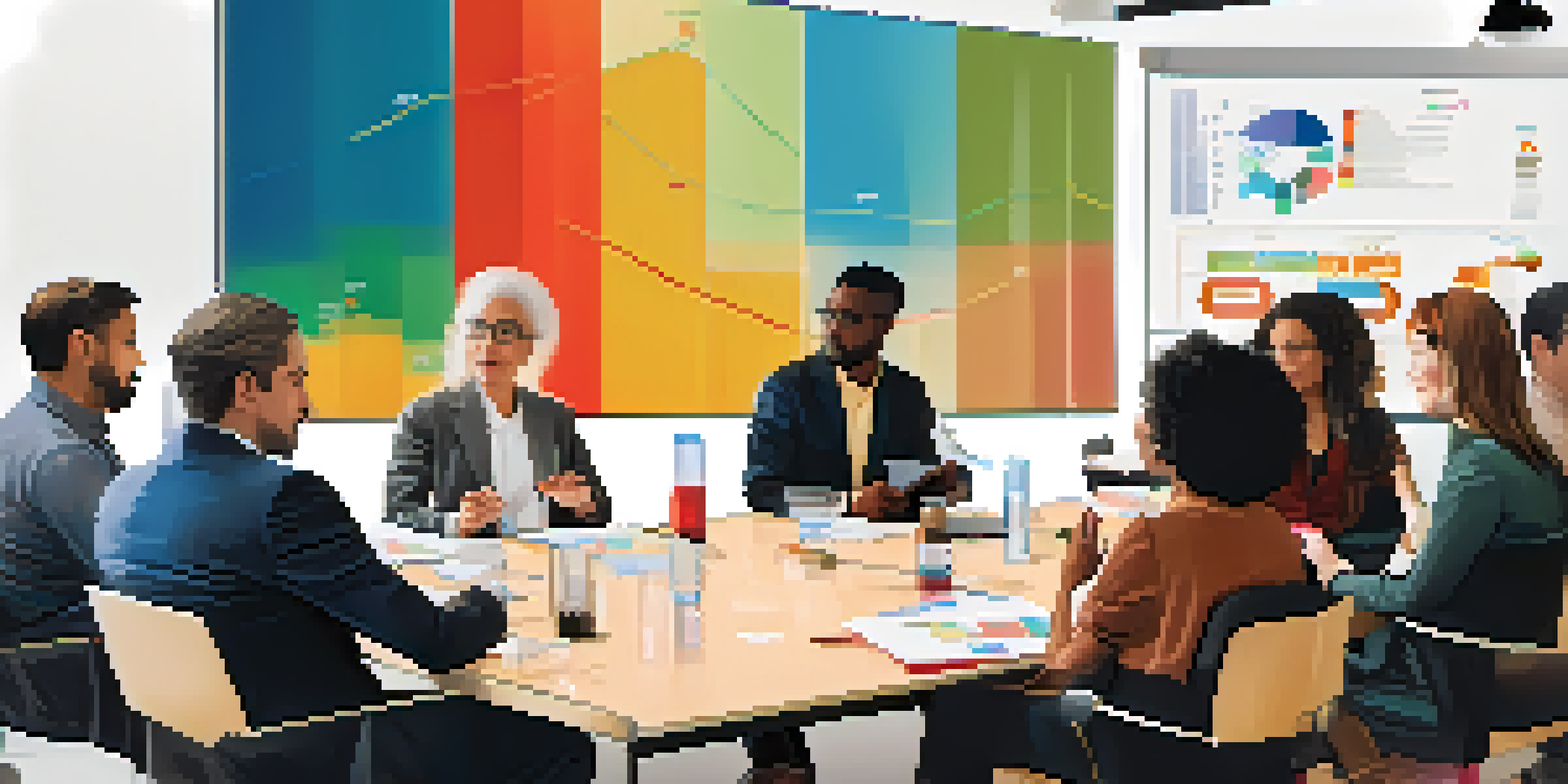A diverse group of individuals in a conference room discussing ideas, with charts displayed on a screen behind them.