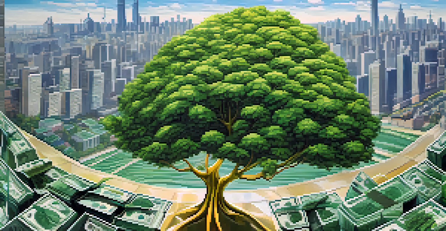 An artistic illustration of a money tree with dollar sign leaves, symbolizing green bonds and sustainable investing in a city environment.