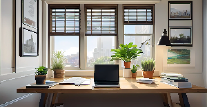 A well-organized office desk with financial documents, a laptop with graphs, and a potted plant under soft natural light.