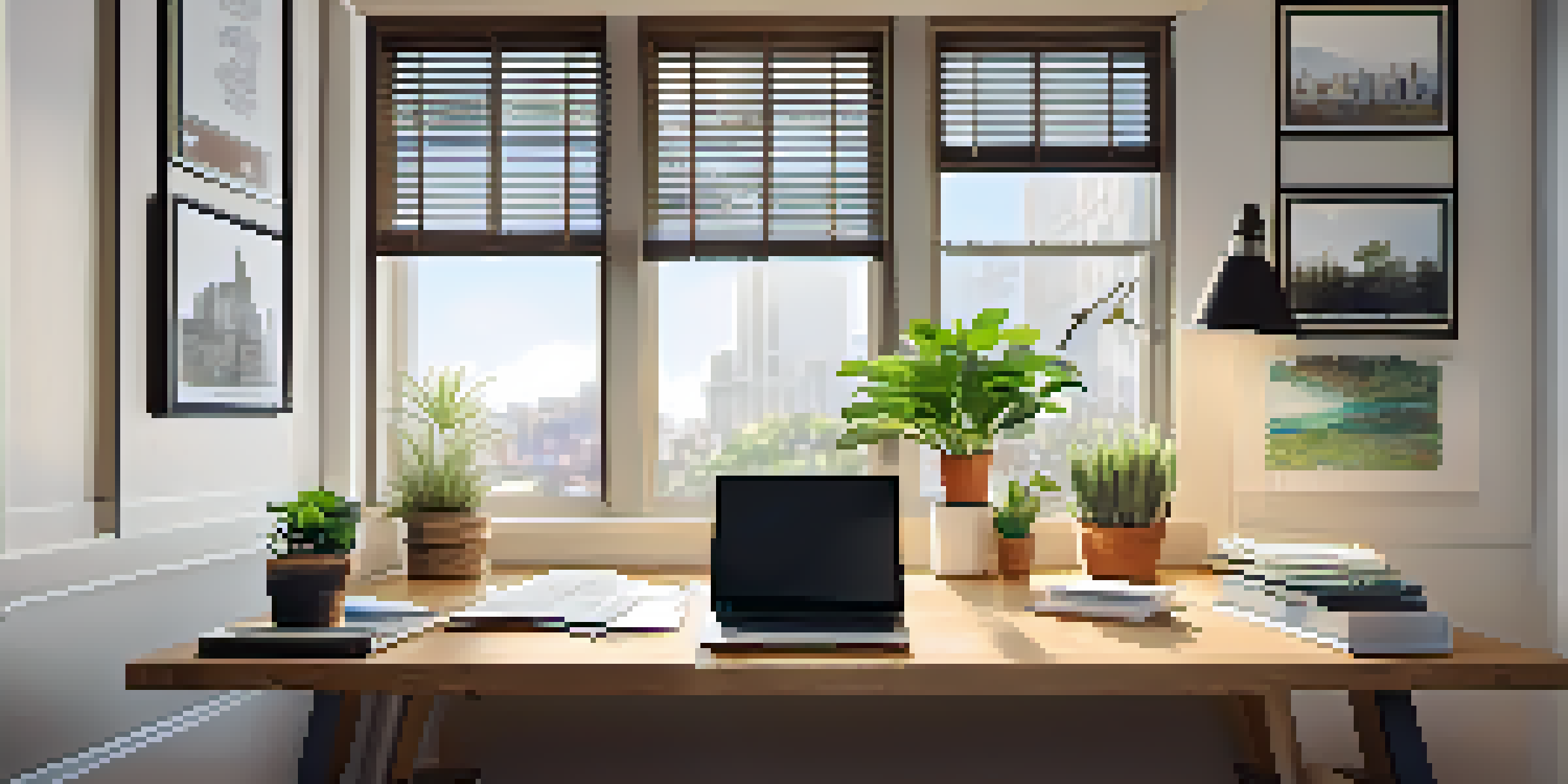 A well-organized office desk with financial documents, a laptop with graphs, and a potted plant under soft natural light.