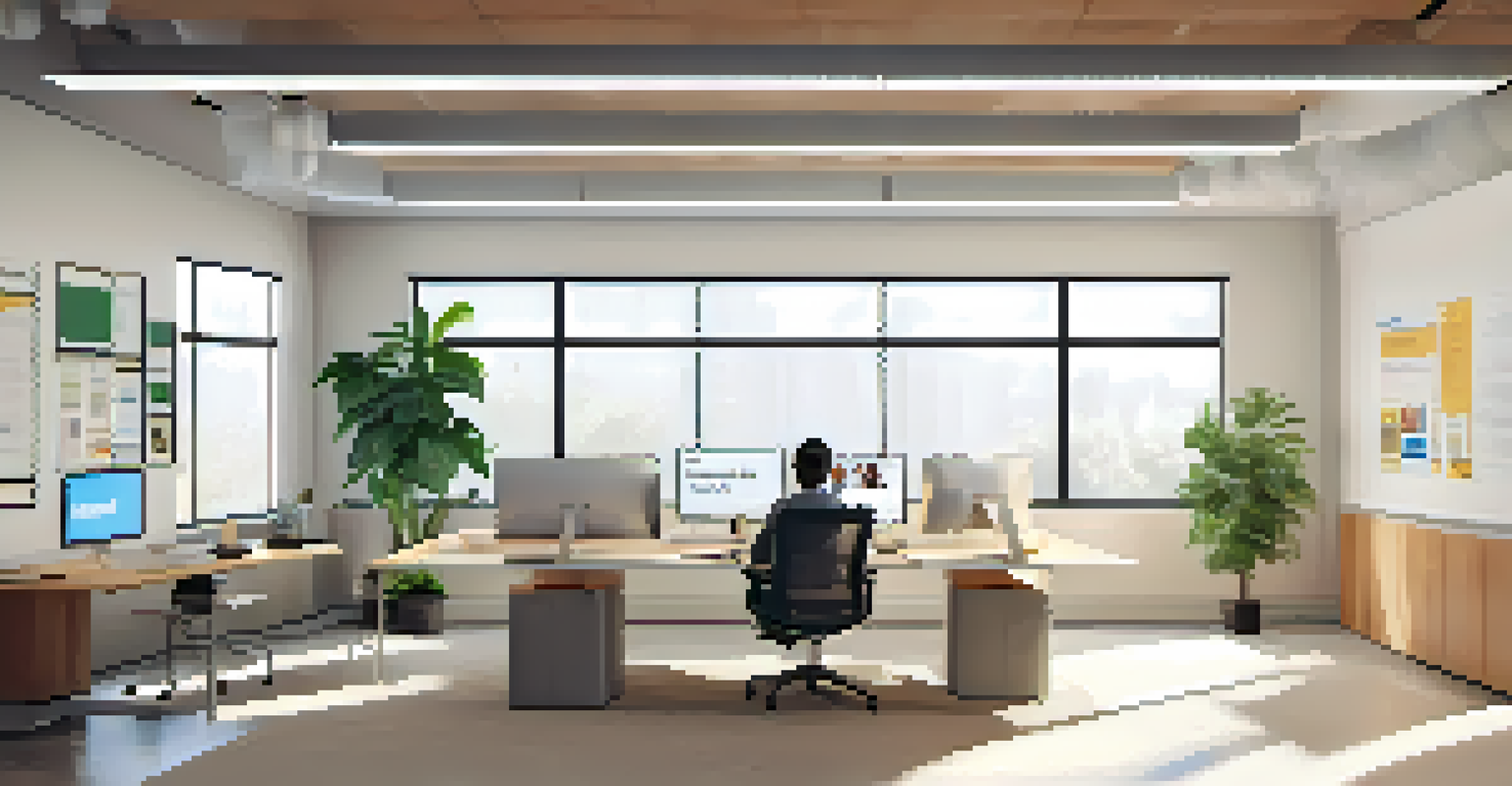 An employee conducting a feedback session through a video call in a serene office environment.