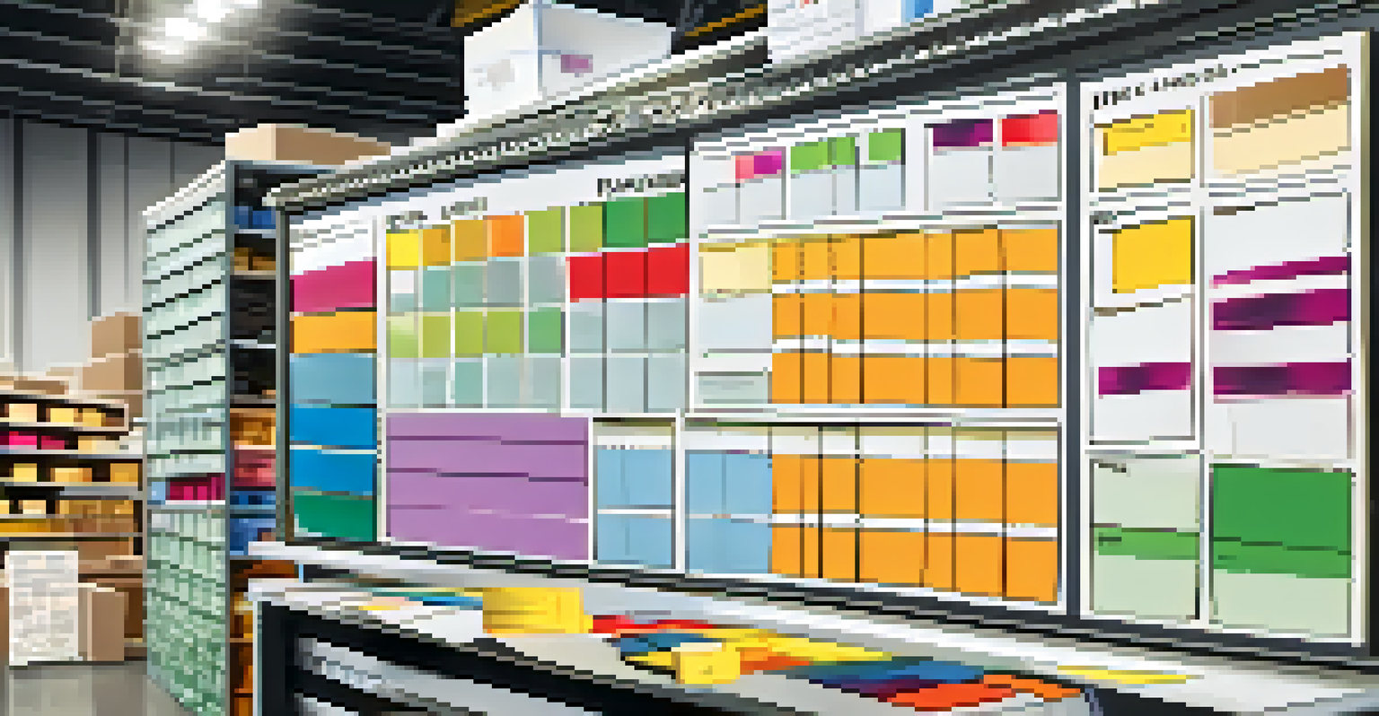 A close-up view of a Kanban board with colored cards in a warehouse, representing stages of inventory management.
