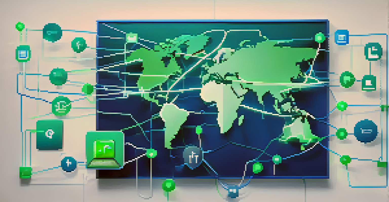 A glowing connection map of social media icons with a blue and green gradient background.