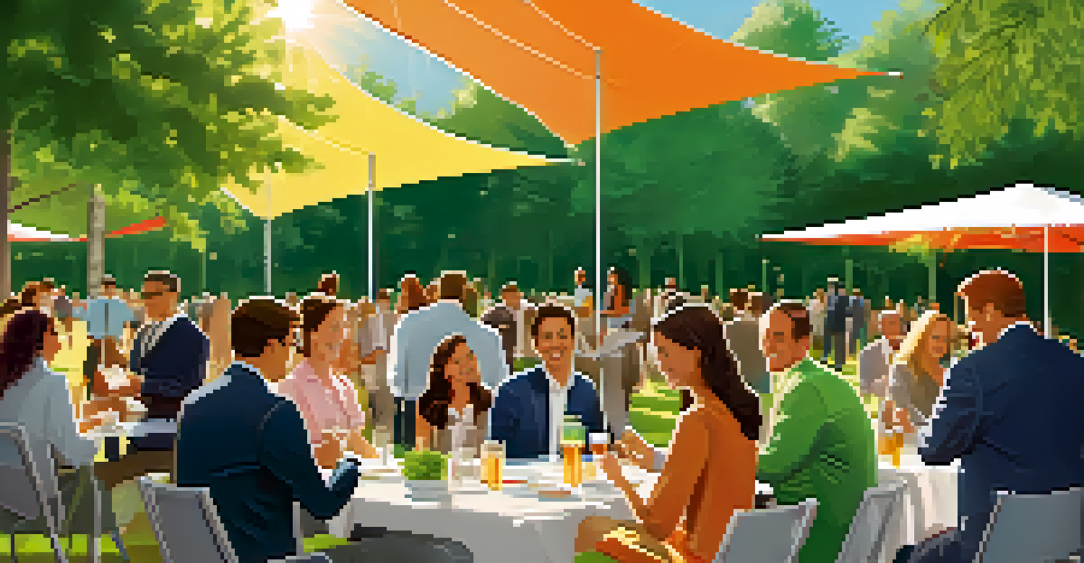 Outdoor networking event in a park with small groups of people sharing ideas, surrounded by greenery and colorful banners.