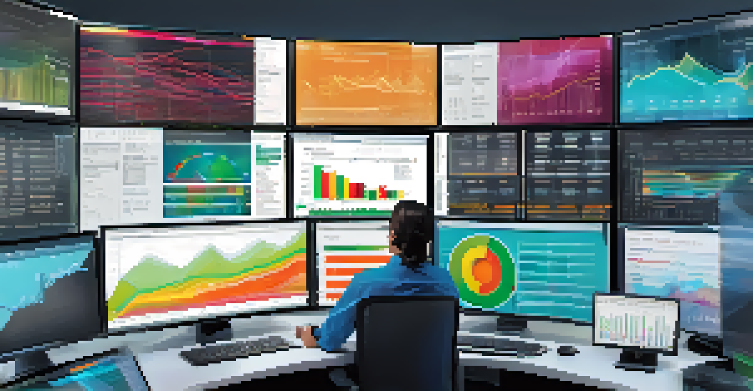 A technician analyzing data analytics software on a computer screen with graphs and charts.