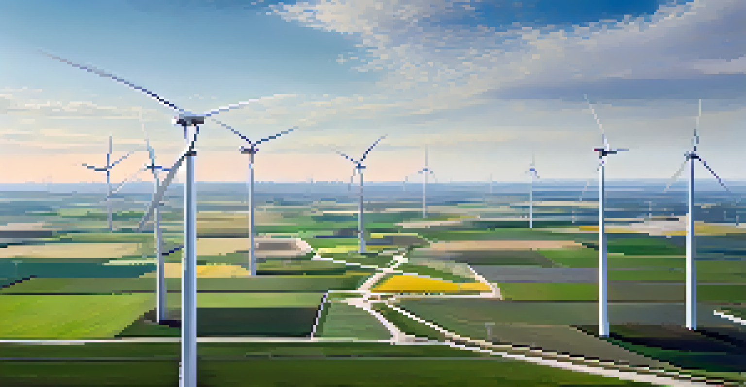An aerial view of a wind farm with wind turbines and a distribution center with solar panels, set against a blue sky.