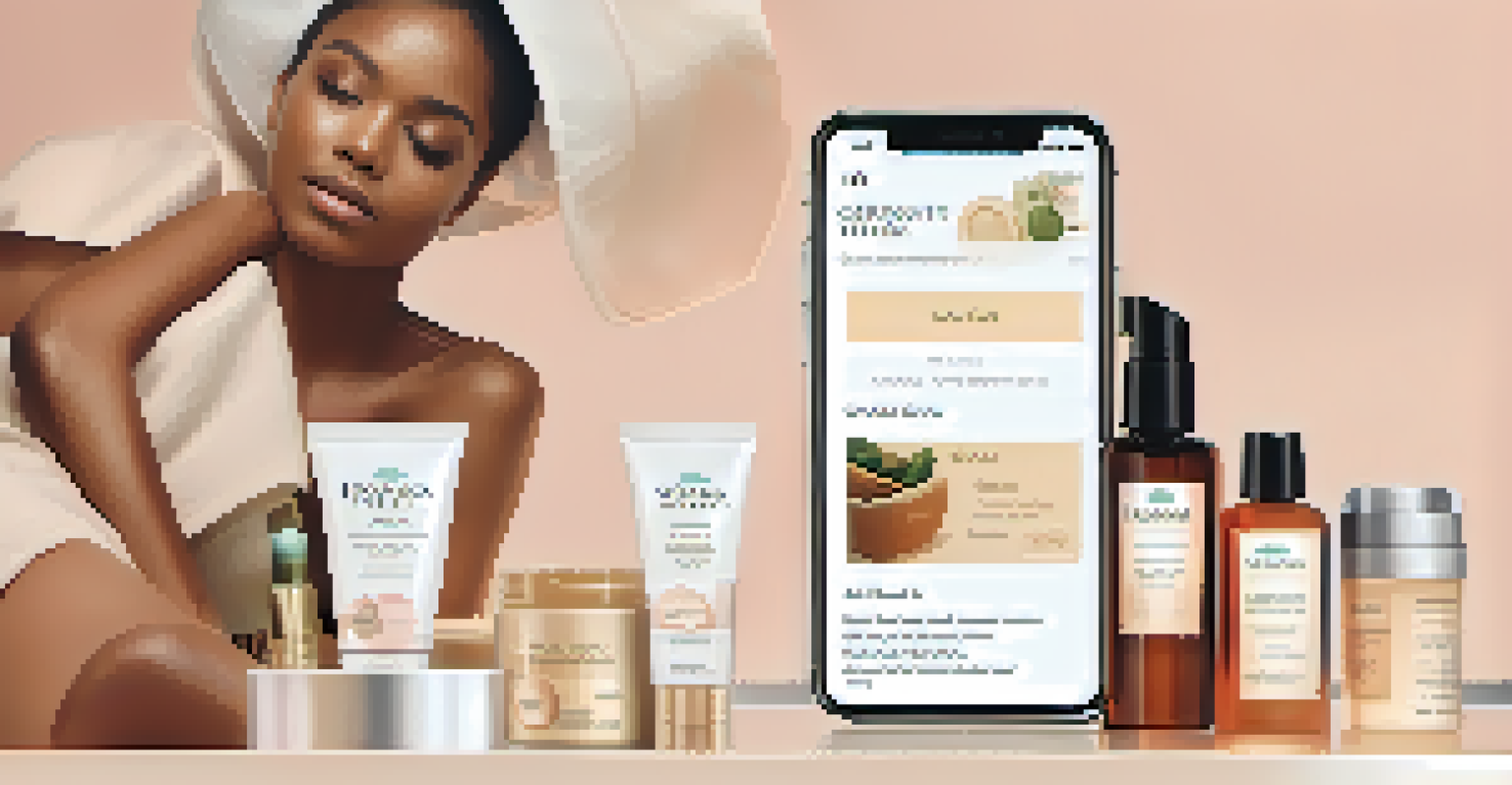A mobile device displaying a shopping cart checkout page with recommended skincare products and a clean layout.