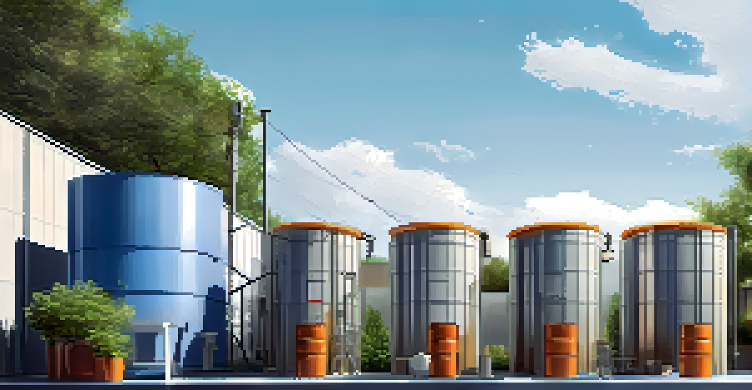 A rooftop rainwater harvesting system with collection barrels on a modern building against a blue sky.
