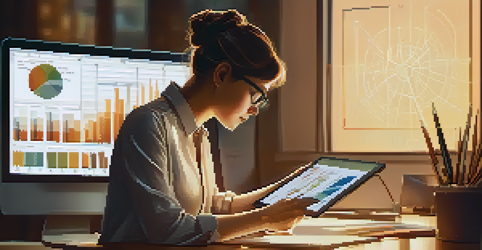 A close-up of a person using a tablet to analyze data, with charts on a desk and warm lighting.