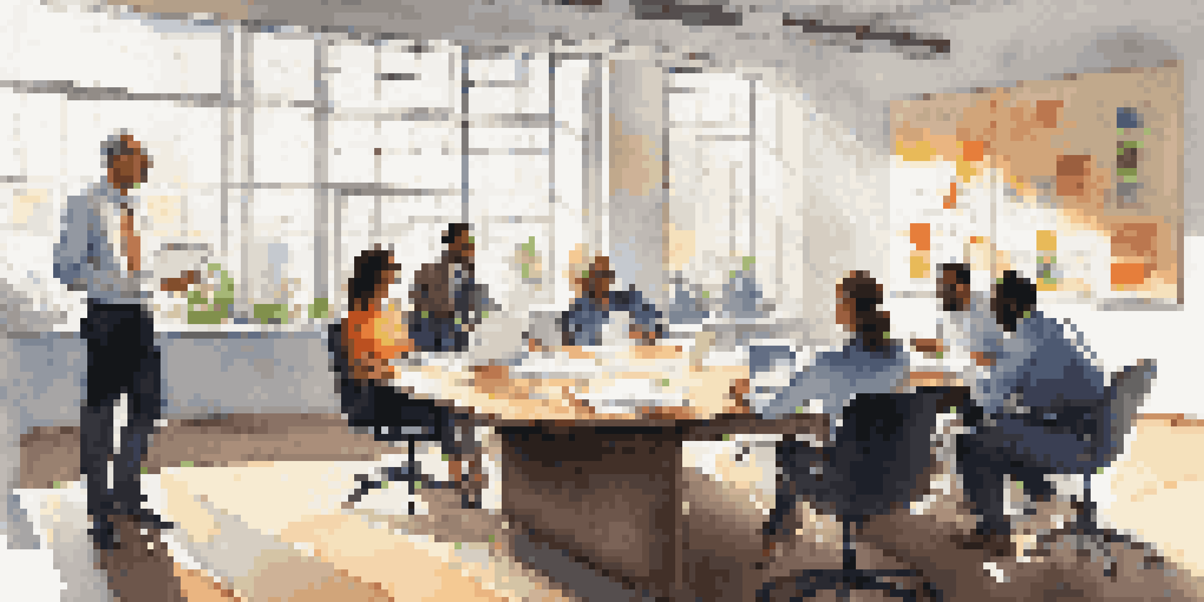 A diverse group of professionals having a meeting in a bright office with a conference table, documents, and a whiteboard.