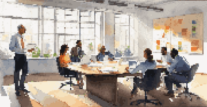A diverse group of professionals having a meeting in a bright office with a conference table, documents, and a whiteboard.
