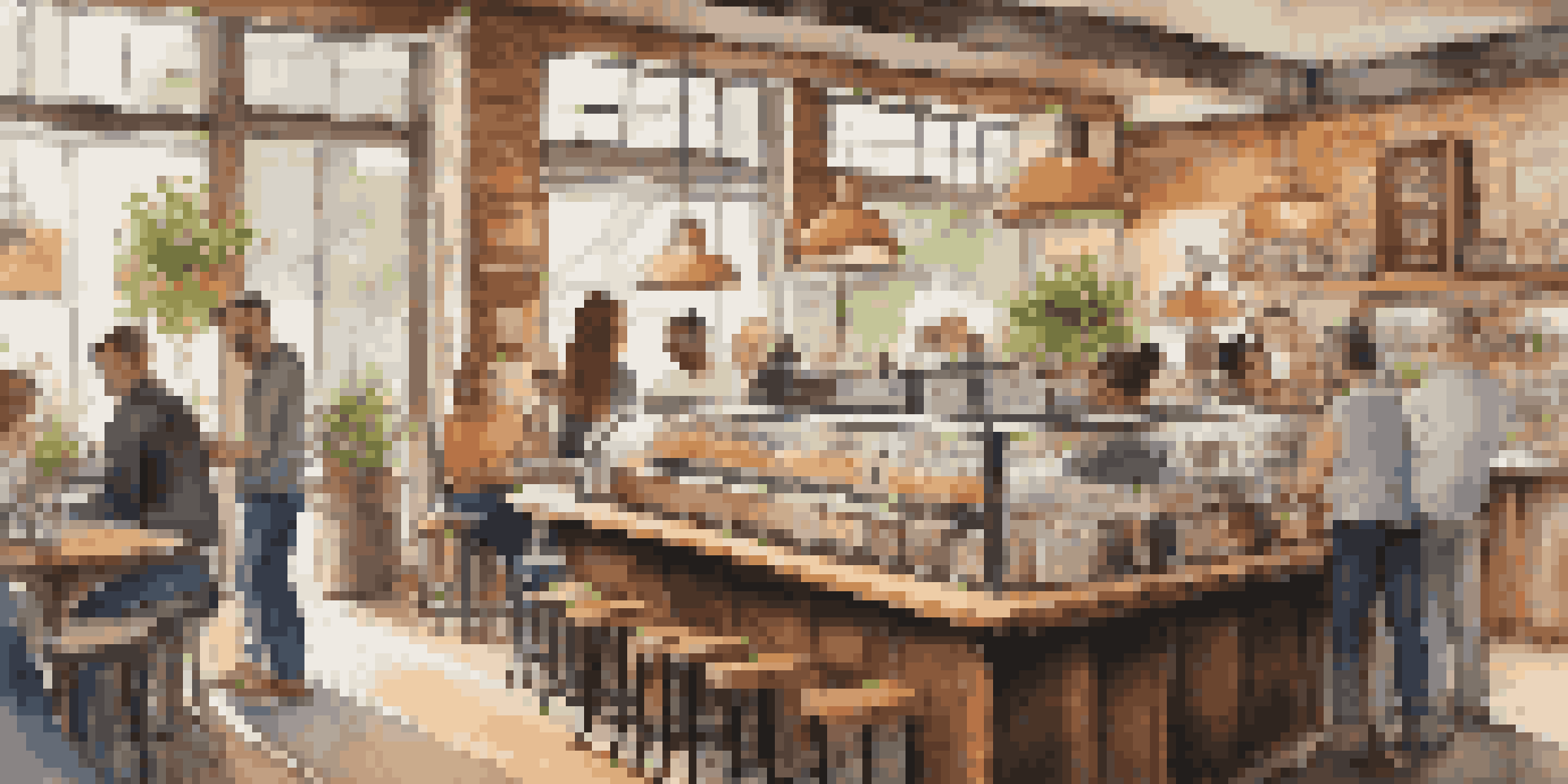 A lively café filled with diverse customers enjoying coffee, with soft lighting and a barista preparing drinks in the background.