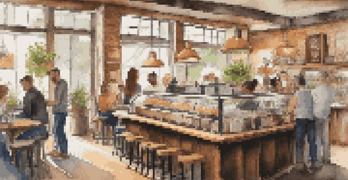 A lively café filled with diverse customers enjoying coffee, with soft lighting and a barista preparing drinks in the background.