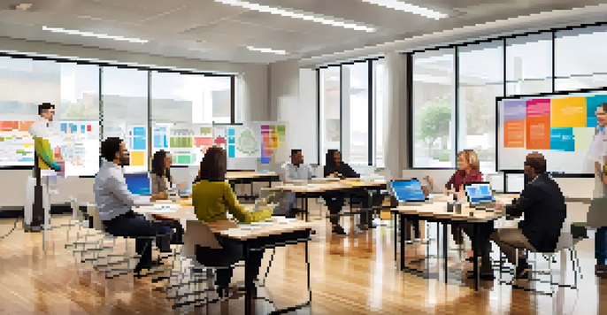 A group of diverse franchisees participating in a training session, with laptops and materials on a large table in a bright room.