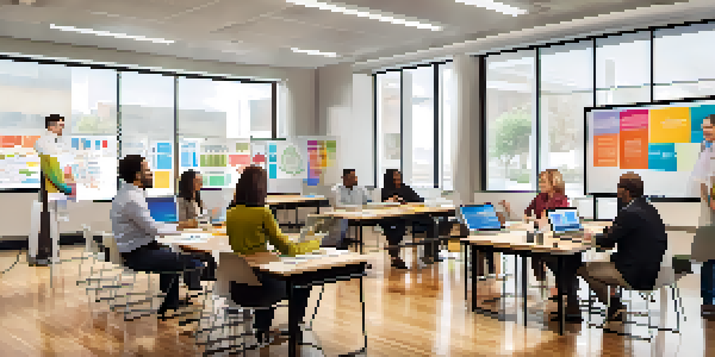 A group of diverse franchisees participating in a training session, with laptops and materials on a large table in a bright room.