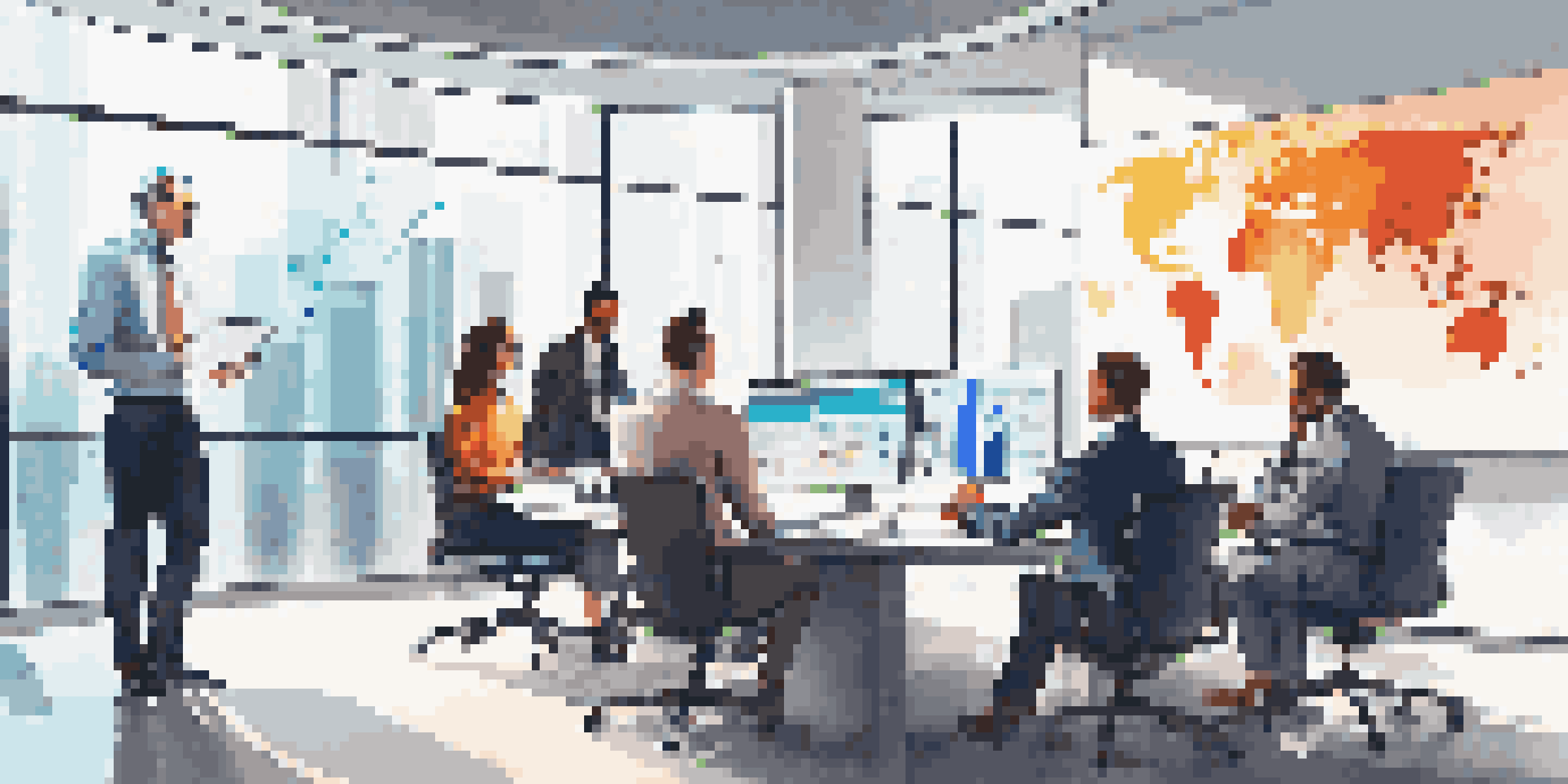 A diverse team of business professionals in a modern office analyzing data on a large screen, with graphs and charts in vibrant colors.