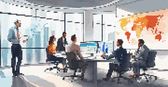 A diverse team of business professionals in a modern office analyzing data on a large screen, with graphs and charts in vibrant colors.