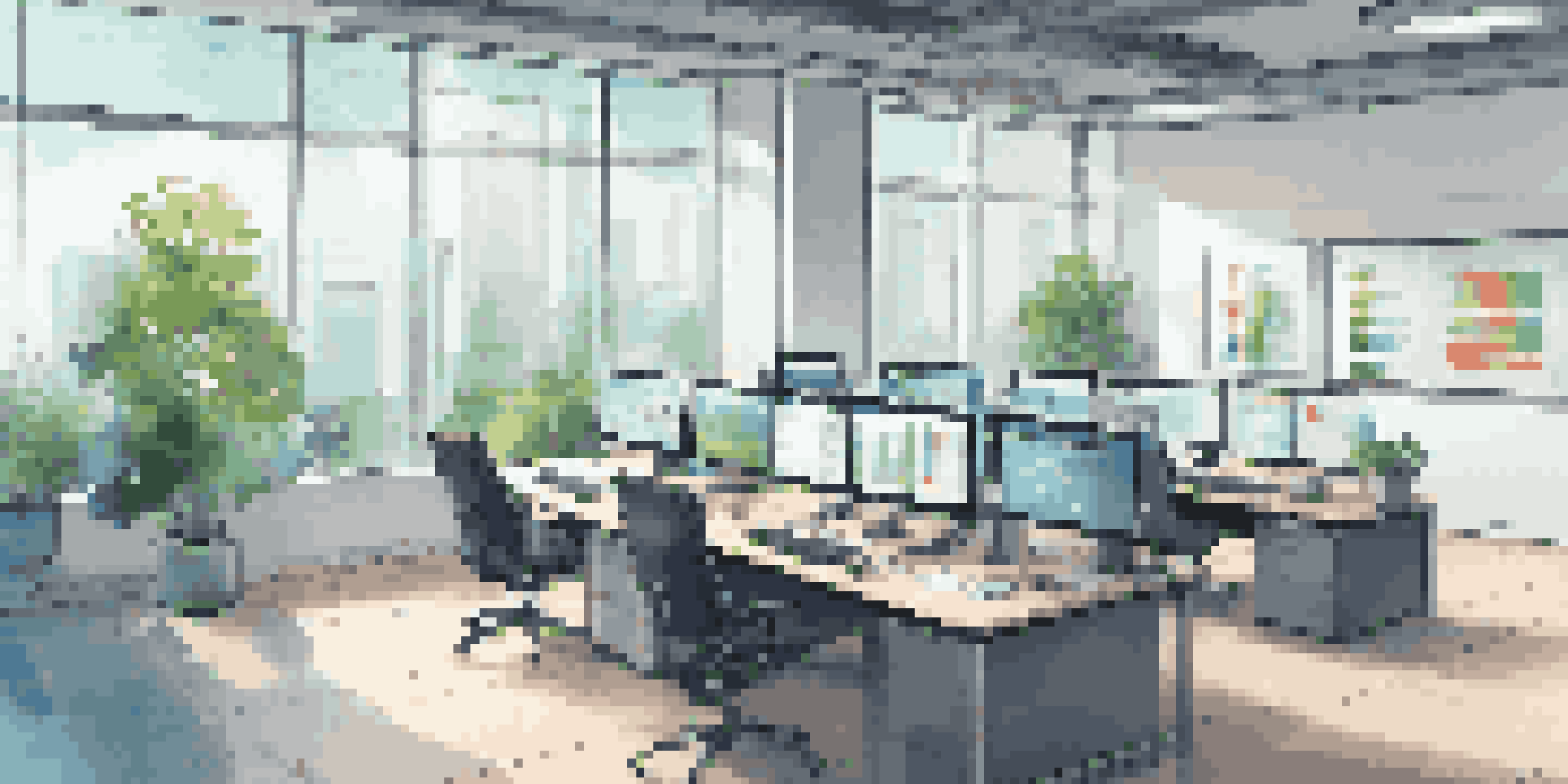 A modern office with a desk and multiple screens showing colorful analytics data, with natural light from the windows and a potted plant.