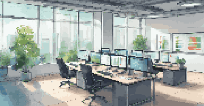 A modern office with a desk and multiple screens showing colorful analytics data, with natural light from the windows and a potted plant.