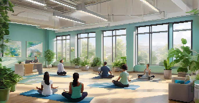 A diverse group of employees in an office participating in wellness activities like yoga and meditation, with natural light and greenery around them.