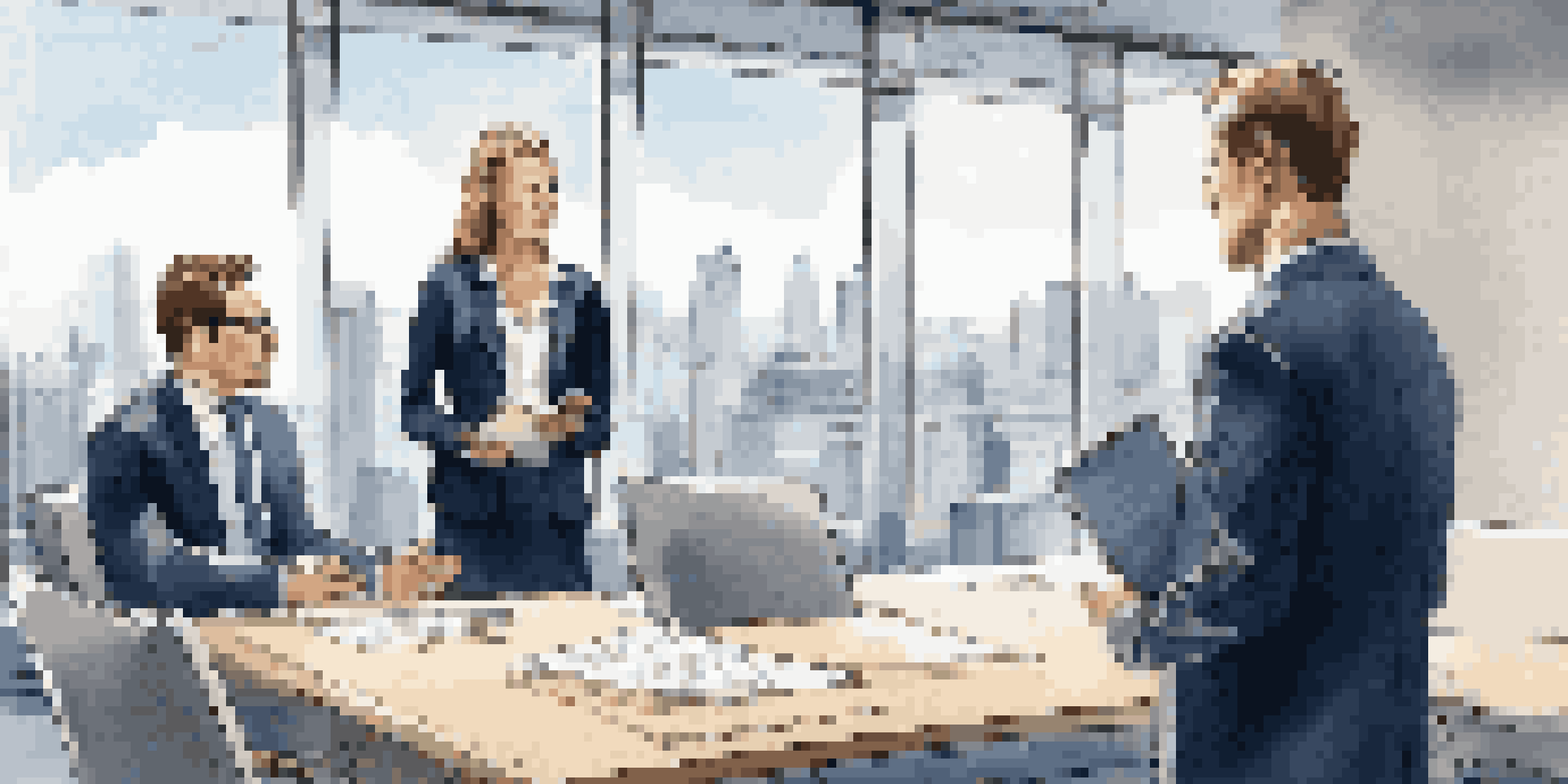 A woman in a navy blazer presenting her proposal to a man in a gray suit in a well-lit conference room with city views.