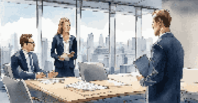 A woman in a navy blazer presenting her proposal to a man in a gray suit in a well-lit conference room with city views.