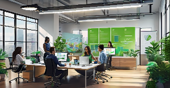 A diverse group of young professionals collaborating in a bright office space, surrounded by plants and modern technology.