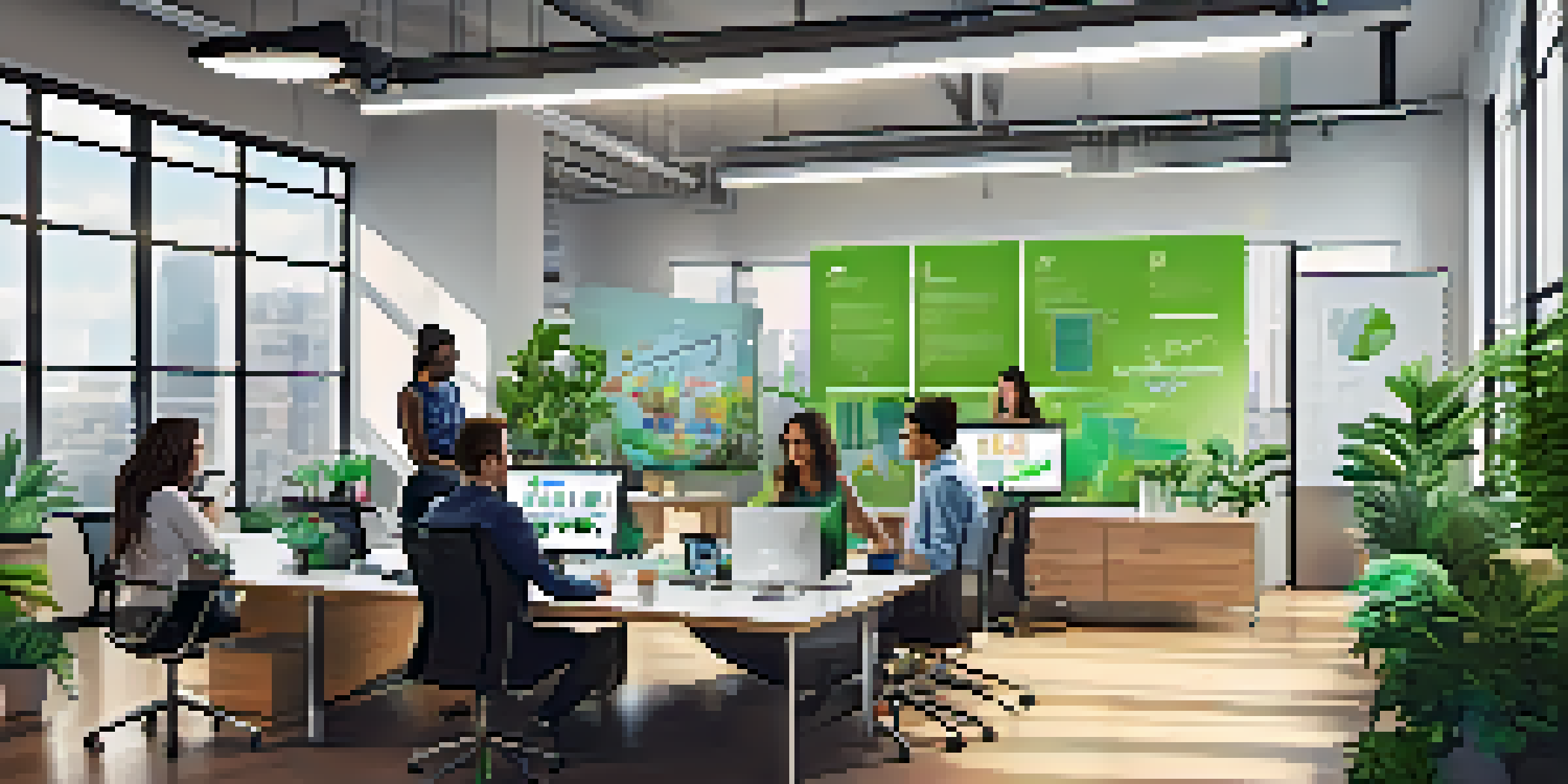 A diverse group of young professionals collaborating in a bright office space, surrounded by plants and modern technology.