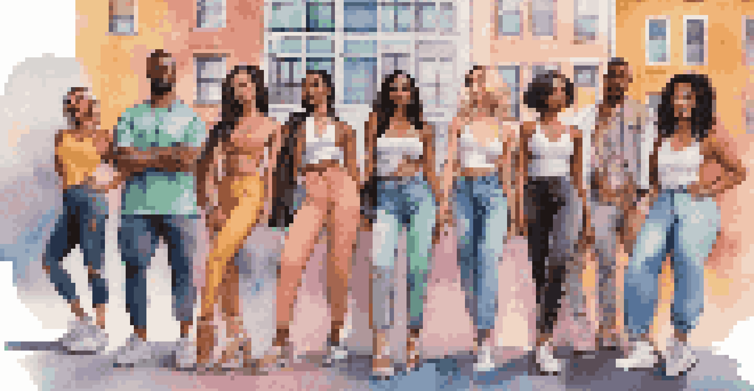 A diverse group of influencers in an urban environment, posing for a photo shoot with colorful backgrounds and props that reflect their interests in fashion, beauty, and fitness.