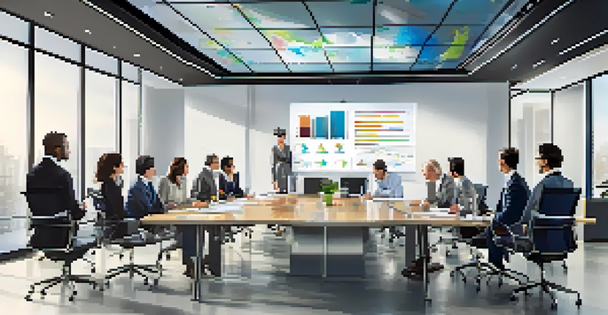 A diverse team of professionals in a bright modern office, collaborating during a strategic planning session around a conference table.