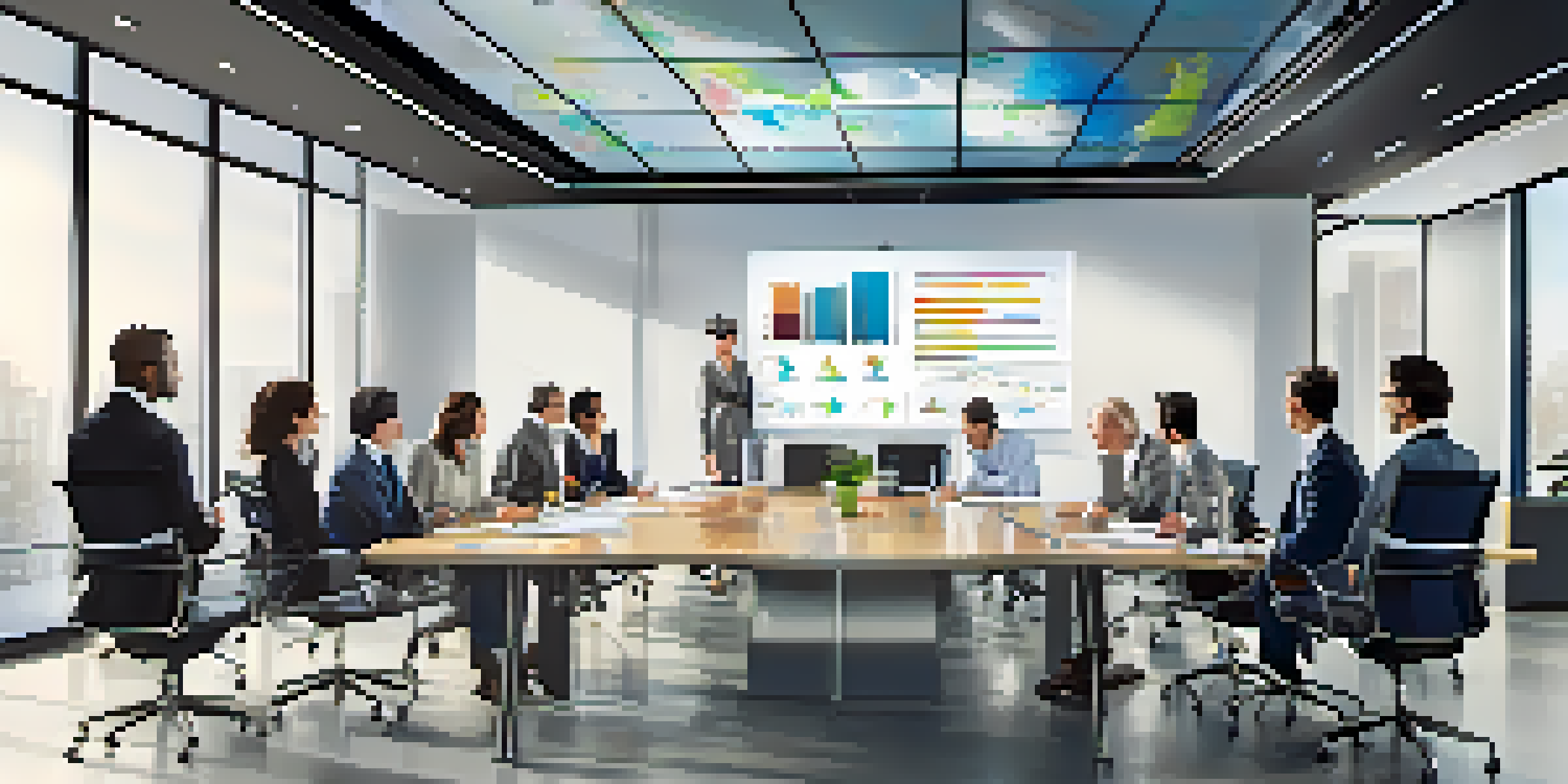 A diverse team of professionals in a bright modern office, collaborating during a strategic planning session around a conference table.
