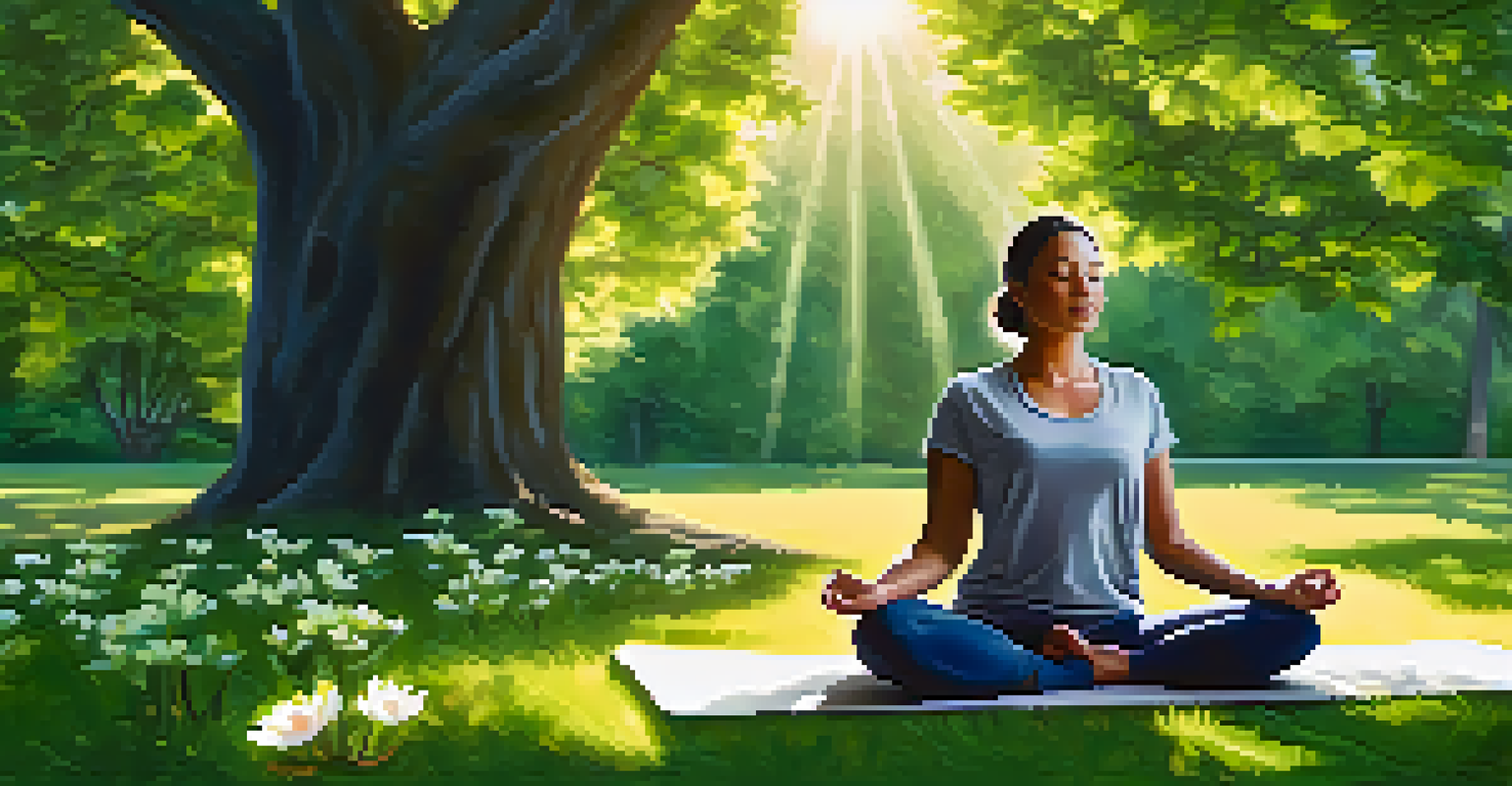 A person practicing mindfulness on a yoga mat in a green park, surrounded by trees and sunlight.
