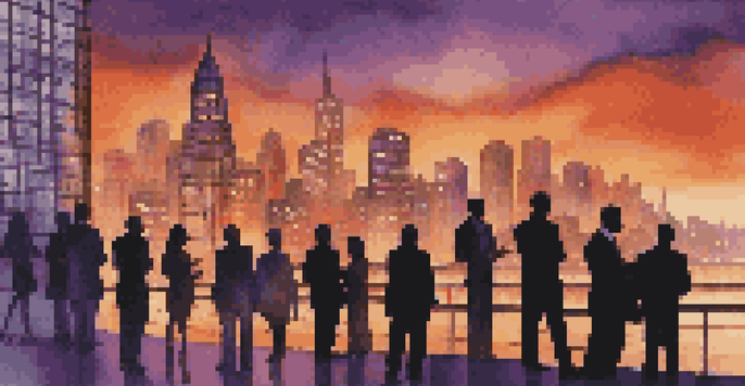 A city skyline at dusk with illuminated skyscrapers and business professionals discussing in the foreground against a colorful sunset.