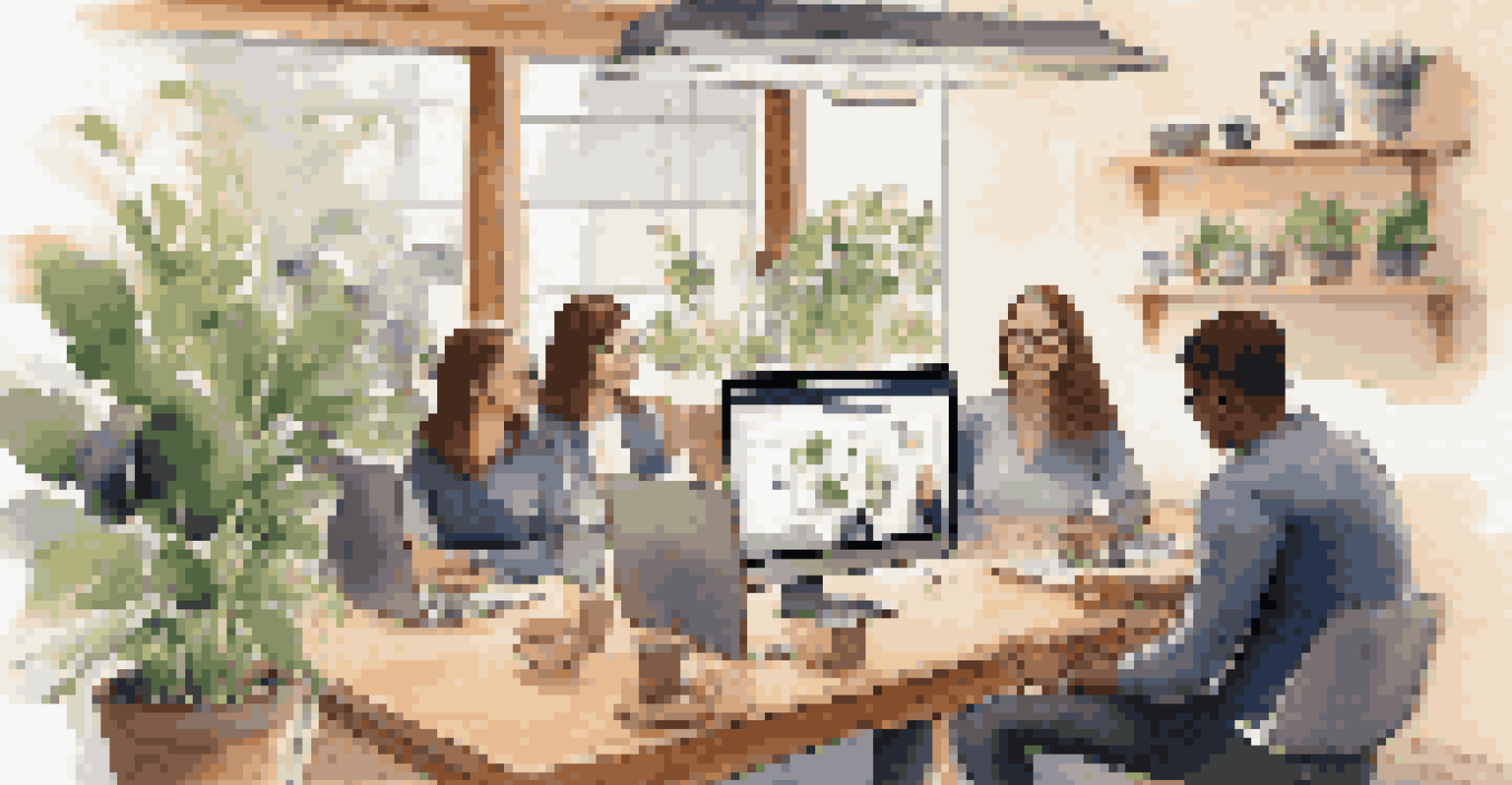 A laptop showing multiple team members in a video conference, with a cozy desk setup that includes coffee mugs and plants.